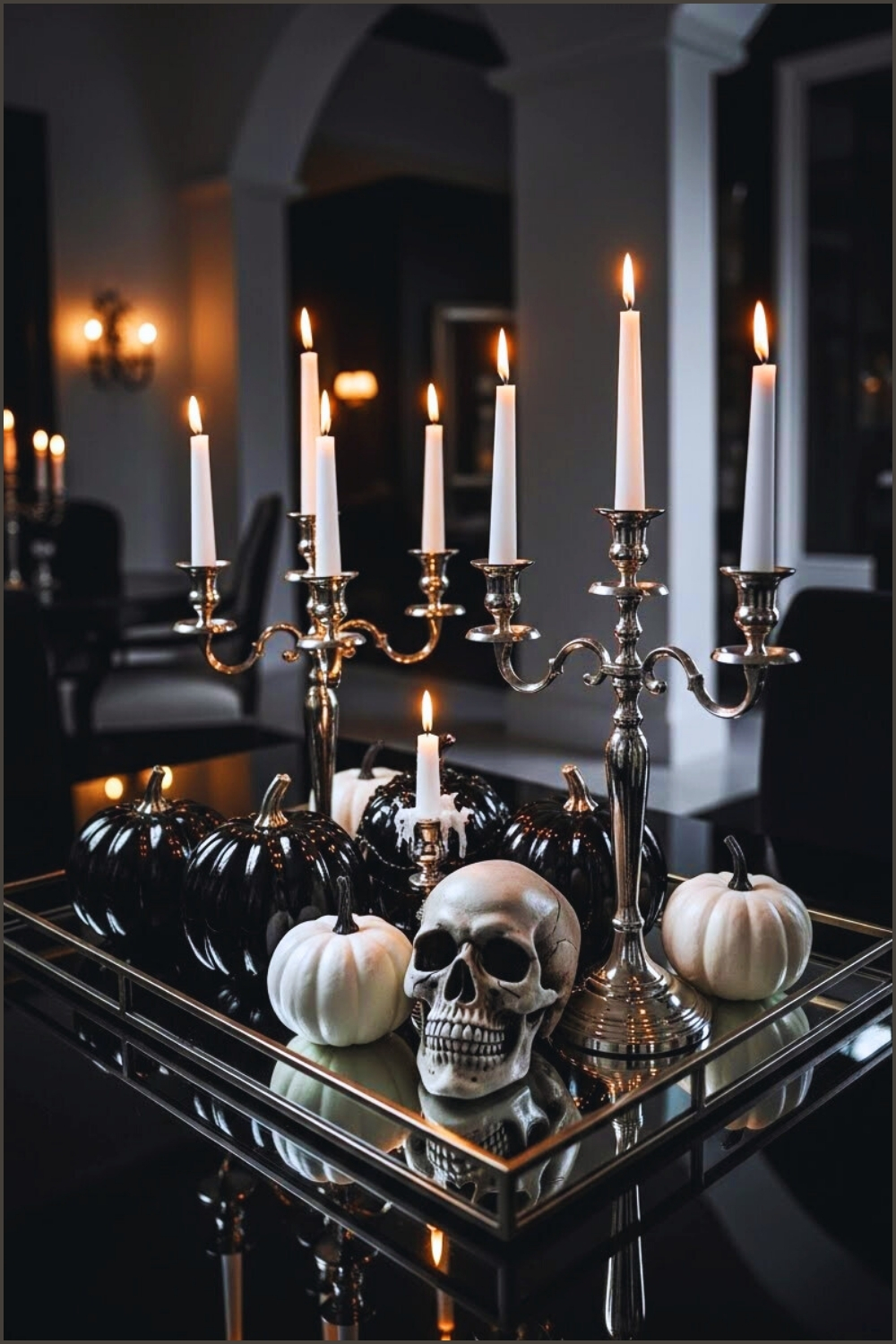 Dark Gothic Halloween Table Centerpiece With Black And White Pumpkins