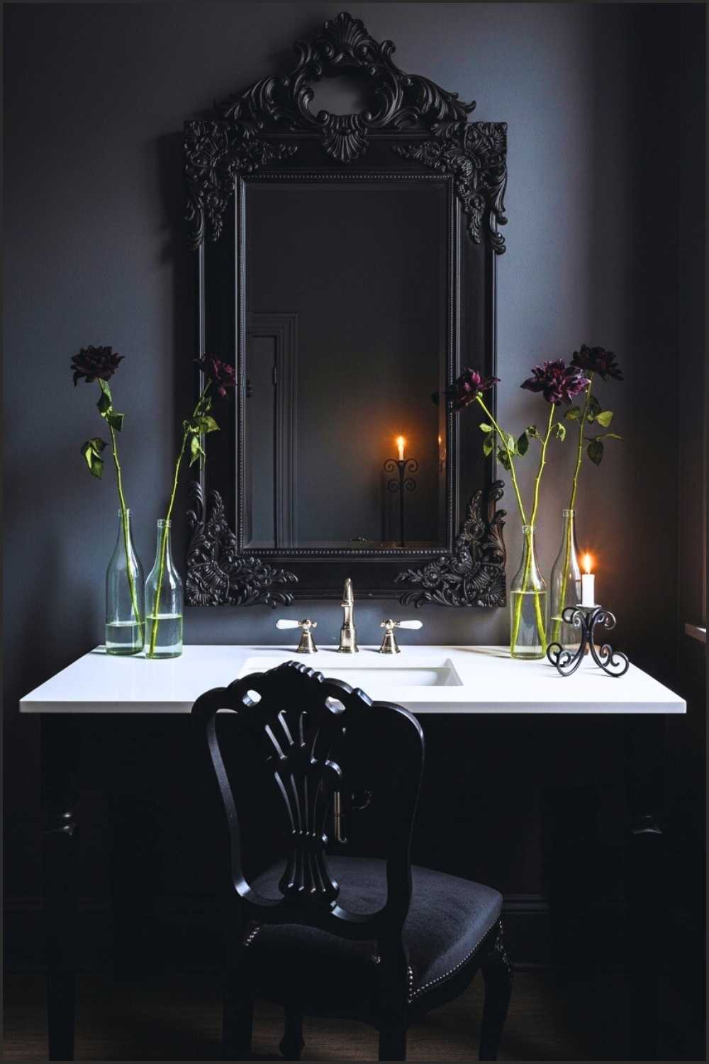 Dark Gothic Vanity Area, Tall Ornate Black Mirror, White Countertop Sink