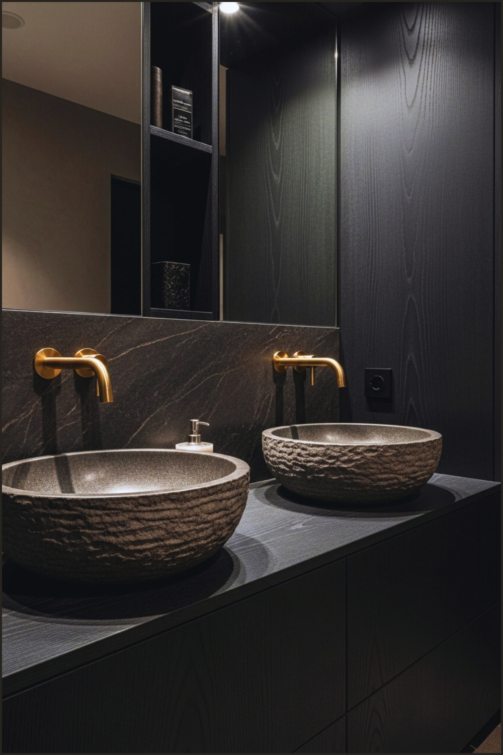 Dark Luxury Bathroom With Textured Stone Vessel Sinks