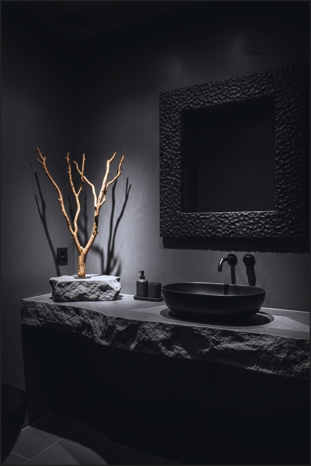 Dark Minimalist Bathroom, Natural Rough-edge Stone Countertop
