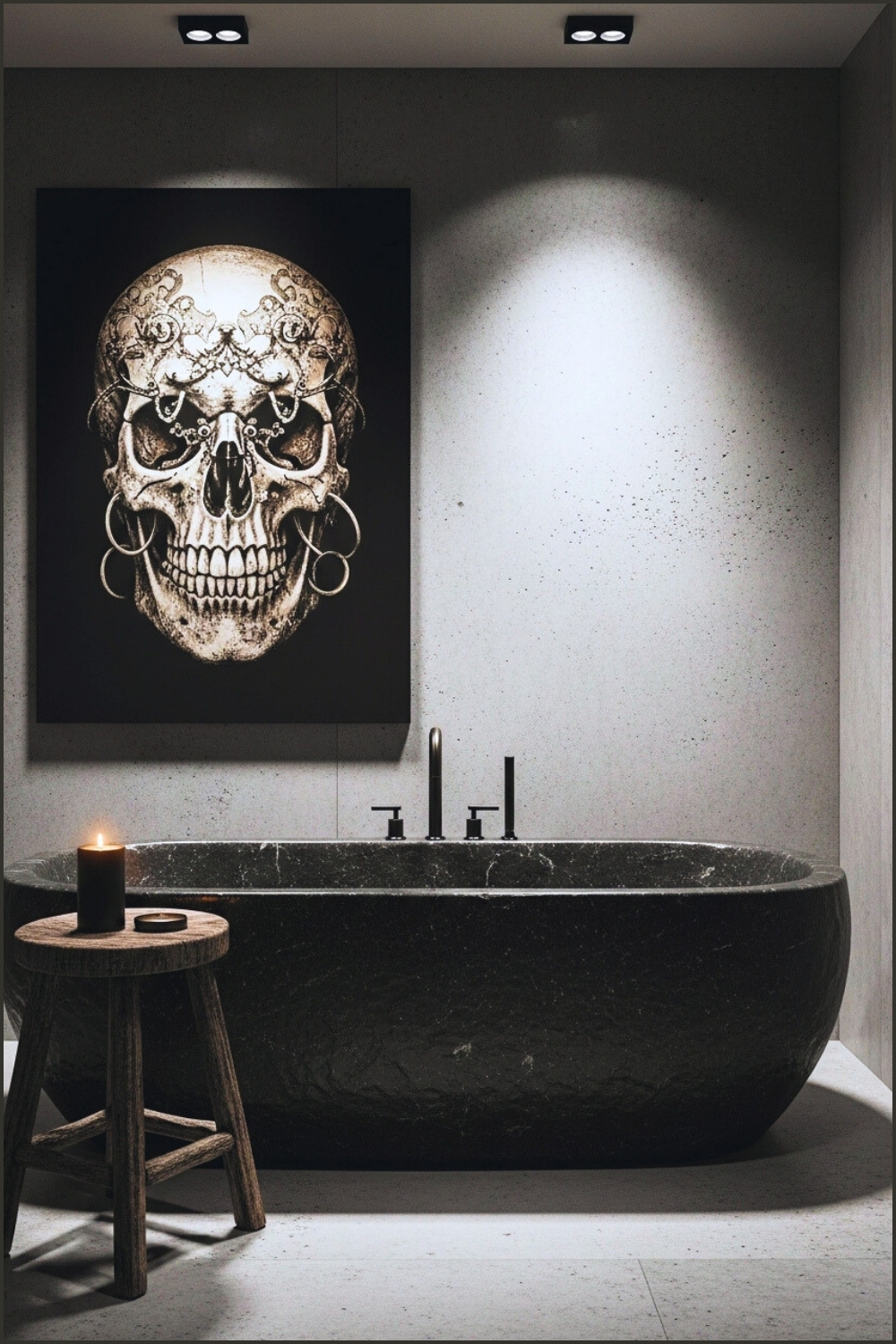 Dark Minimalist Gothic Bathroom, Concrete Walls, Black Stone Bathtub