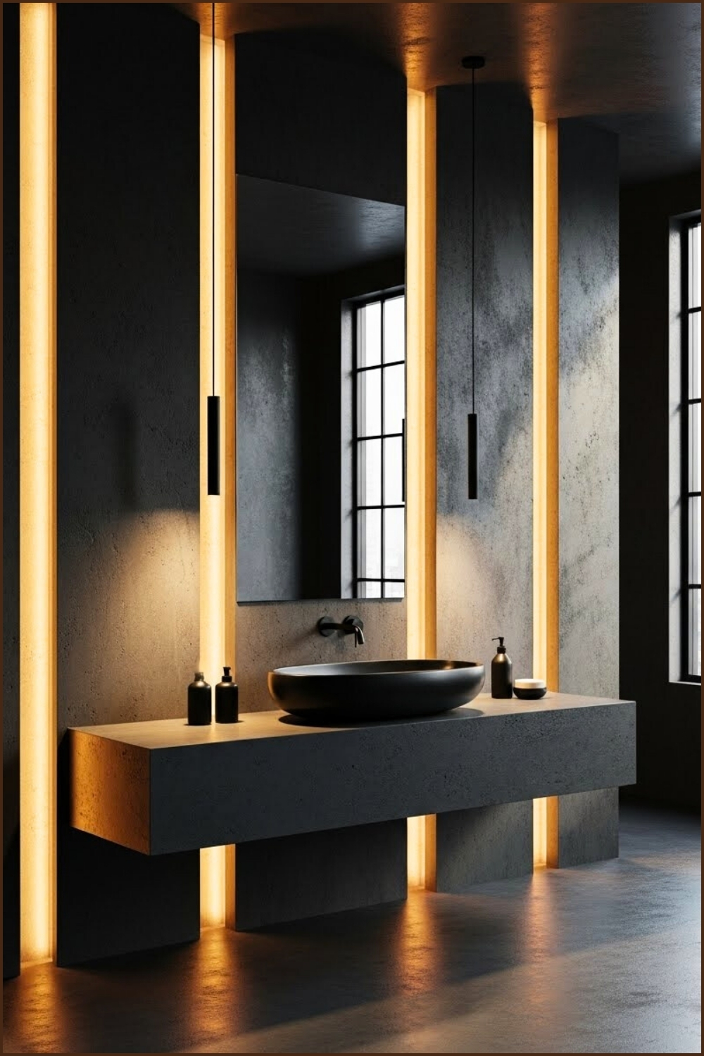 Dark Modern Bathroom With Dramatic Vertical Glowing Amber