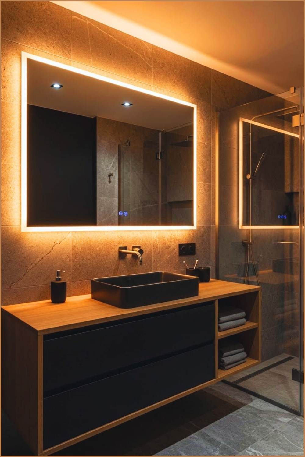 Dark Modern Luxury Bathroom With Warm Backlit Mirrors