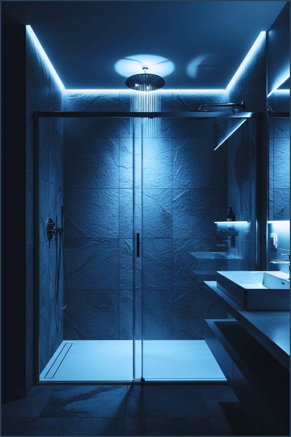 Dark Modern Shower With Blue Stone Textured Tiles, Glass Door Enclosure