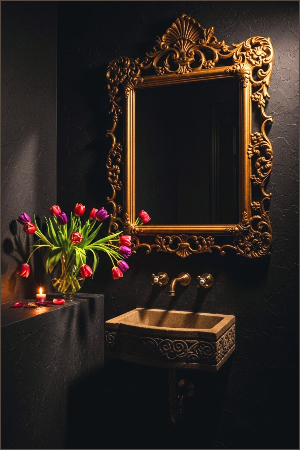 Dark Romantic Gothic Bathroom, Carved Antique Gold Baroque Mirror