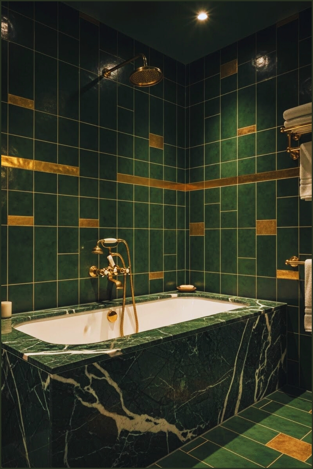 Deep Emerald Green Bathroom With Square Gold-accented Tiles