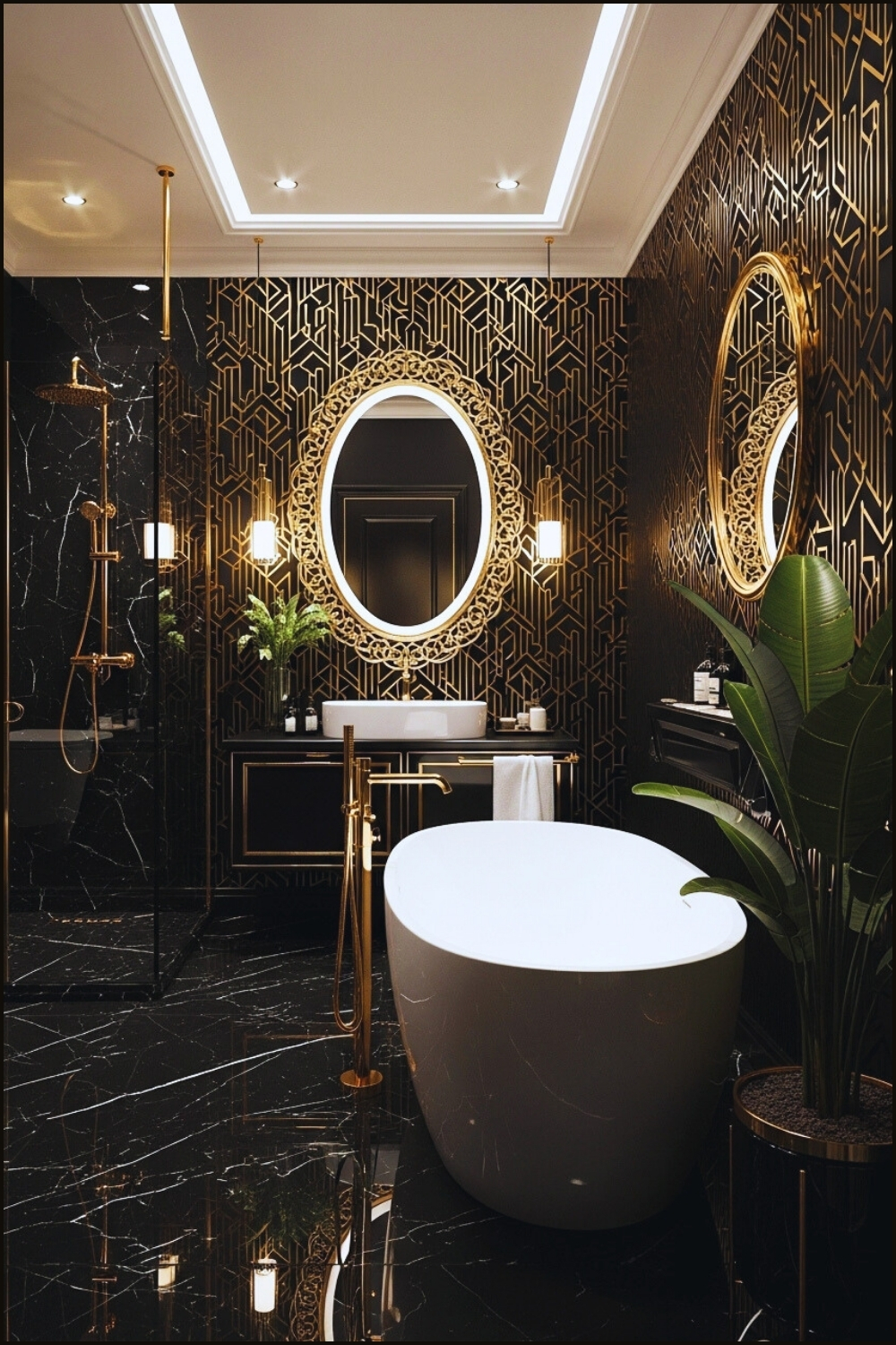 Dramatic Black Bathroom, Intricate Gold Geometric Wallpaper