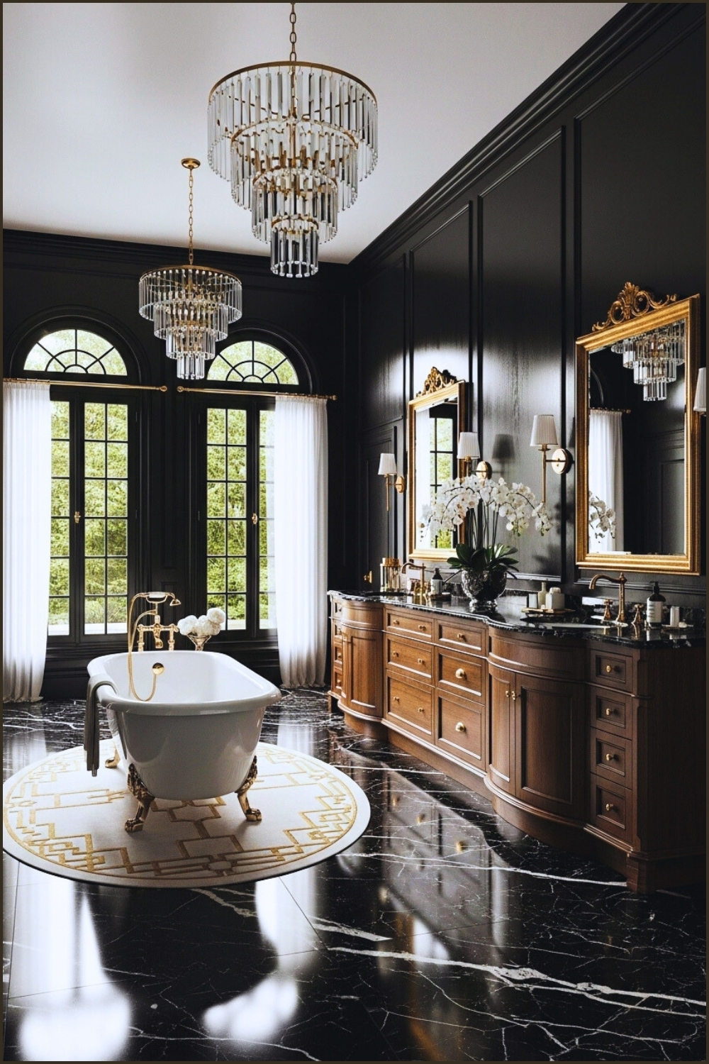 Dramatic Black Luxury Bathroom With Gold Accents, Crystal Chandeliers
