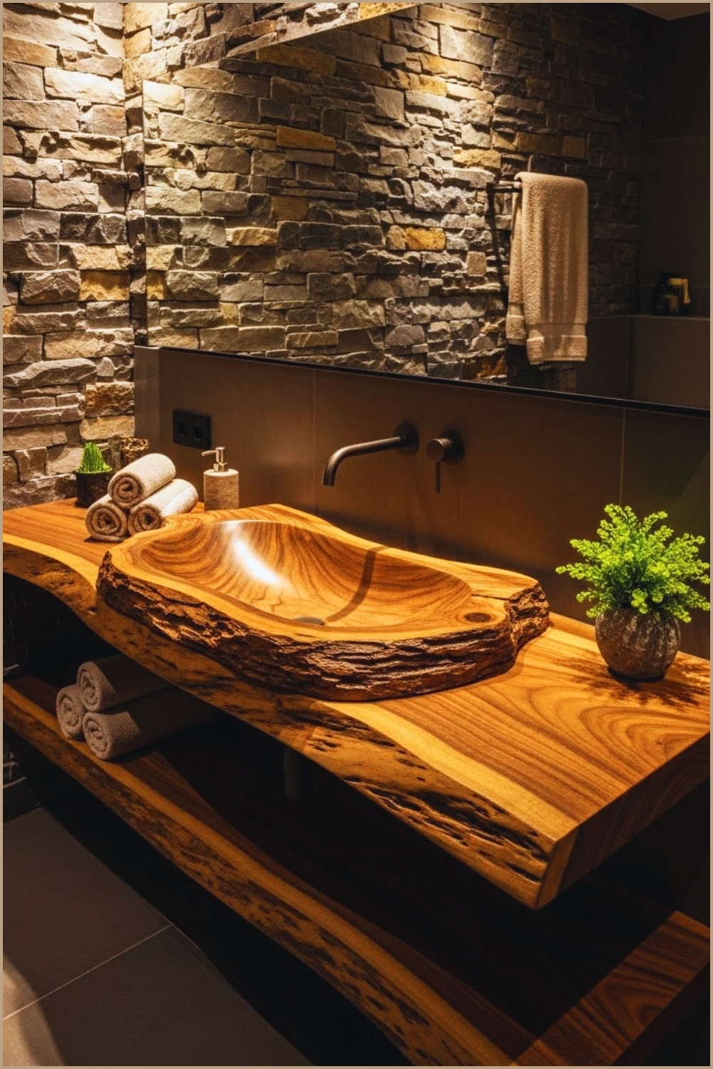 Dramatic Live Edge Wood Vanity With Sculpted