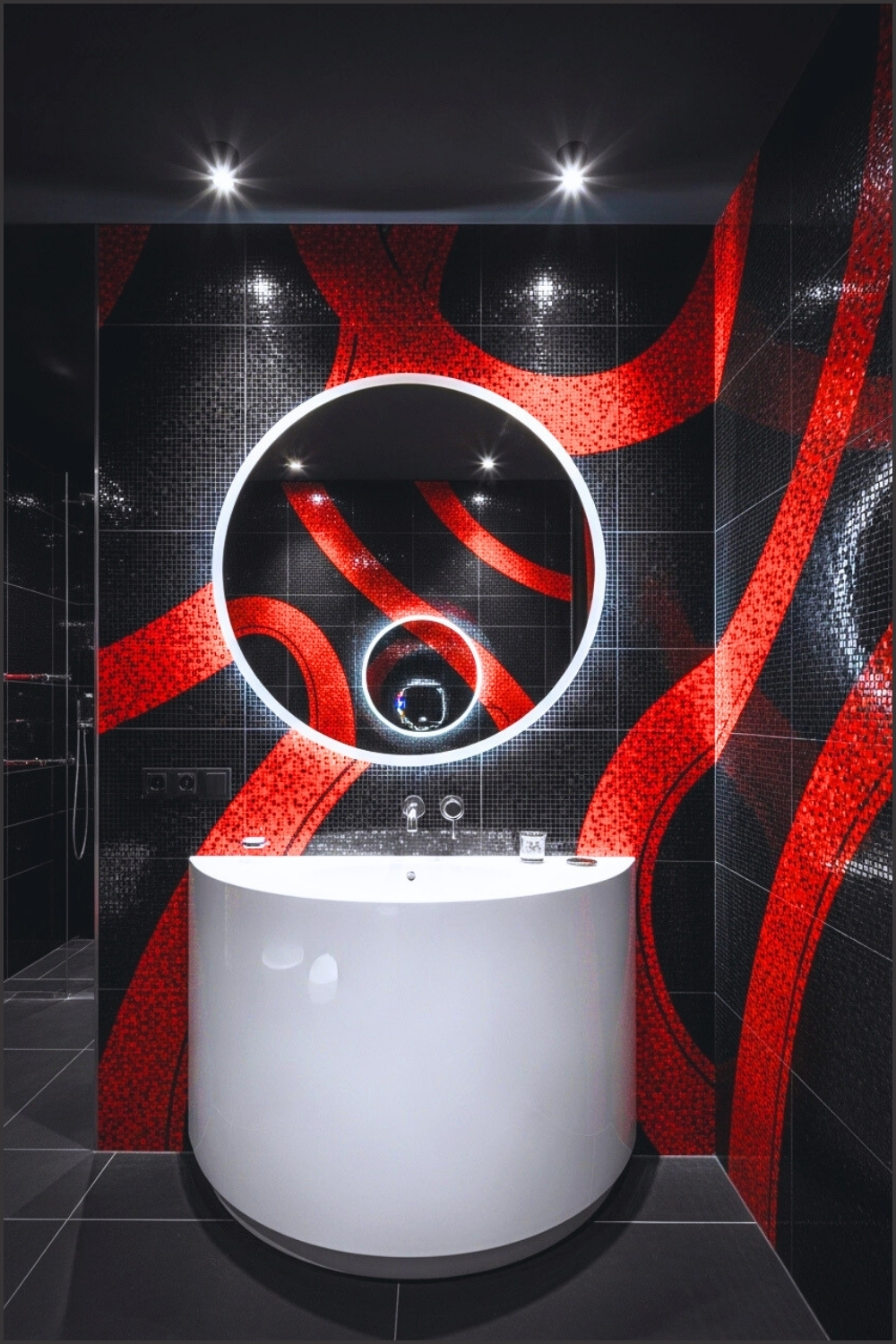 Dramatic Modern Bathroom Interior With Black And Red Mosaic