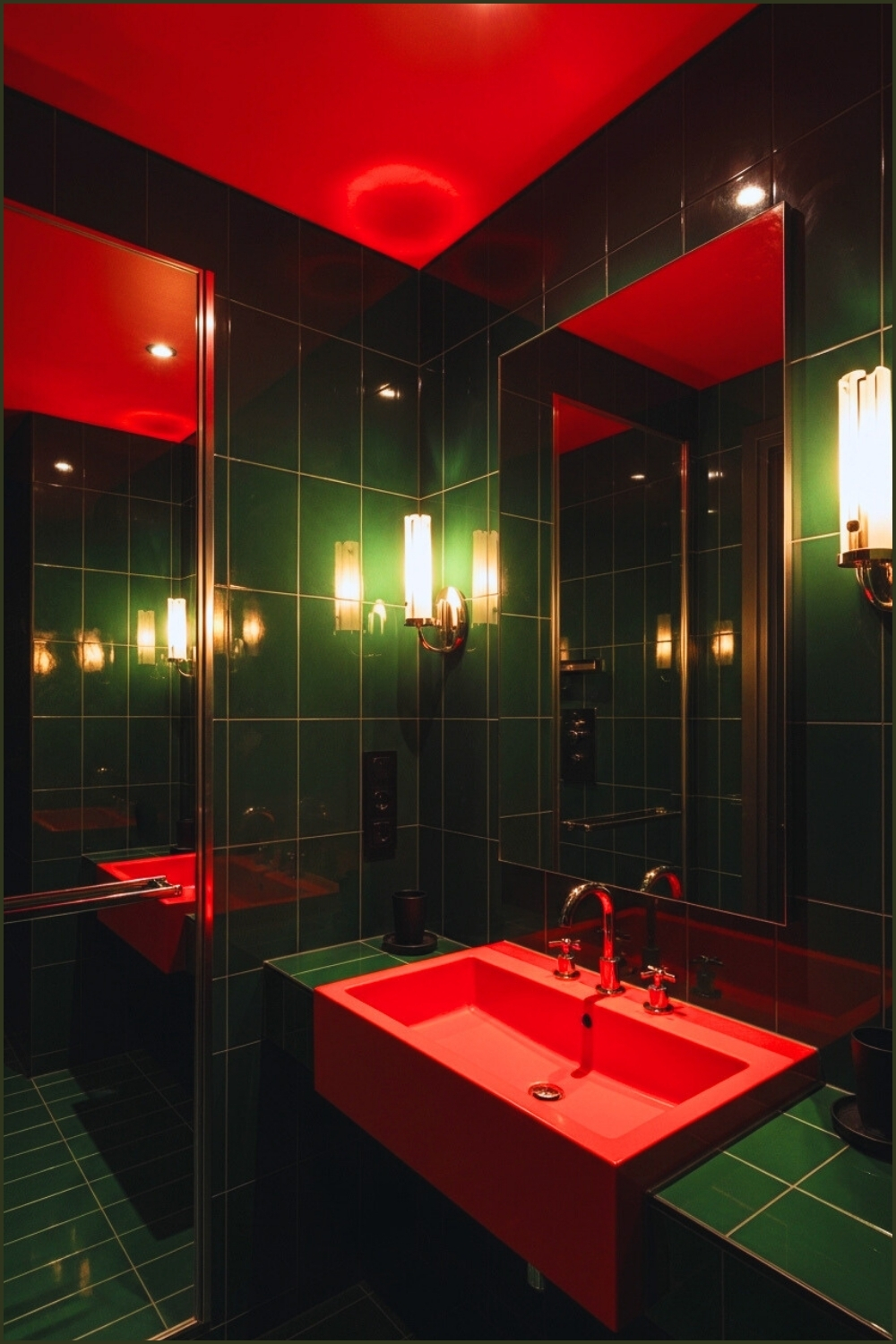 Dramatic Modern Bathroom With Glossy Green Tiled Walls