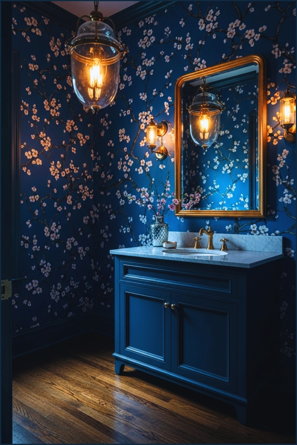Dramatic Powder Room Interior, Bold Deep Blue Hand-painted Wallpaper