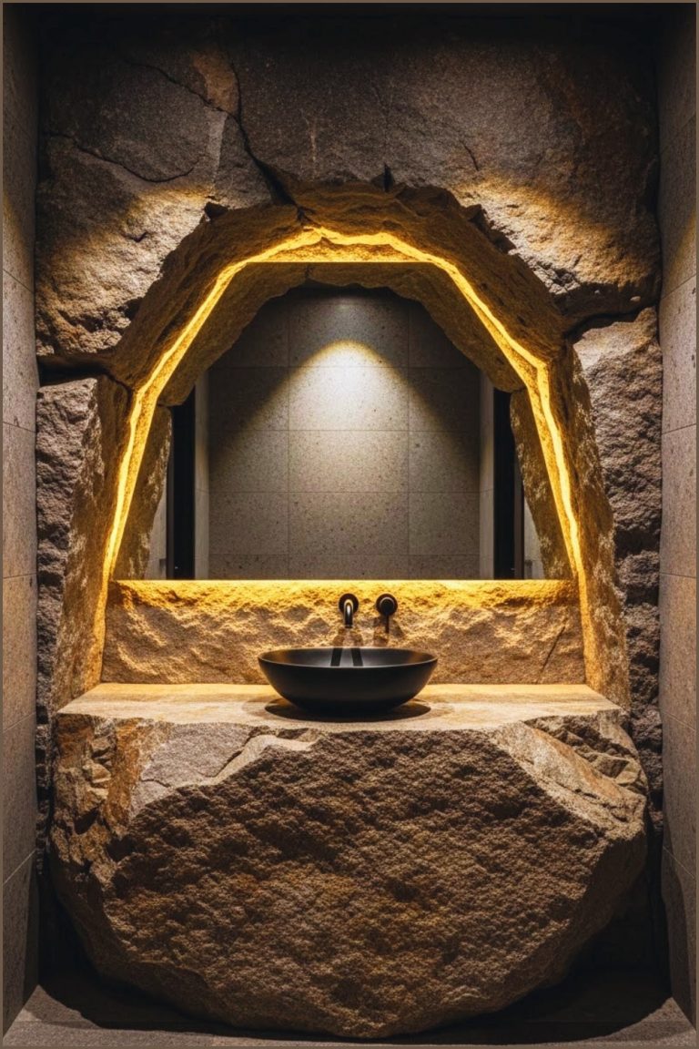 Dramatic Raw Stone Powder Room With A Massive