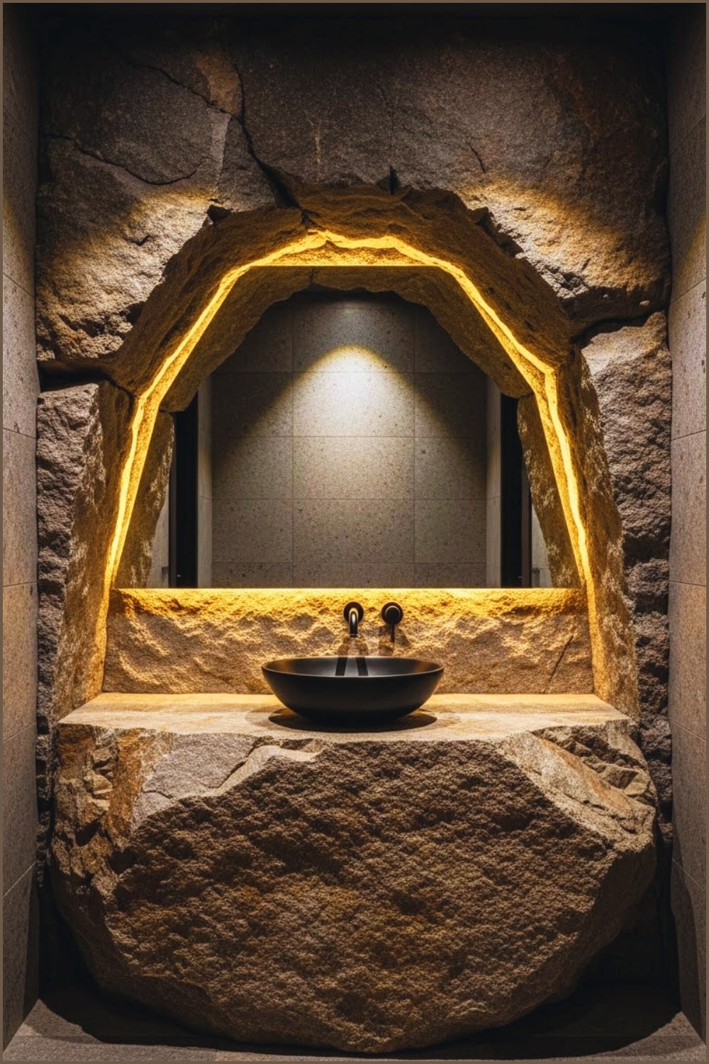 Dramatic Raw Stone Powder Room With A Massive