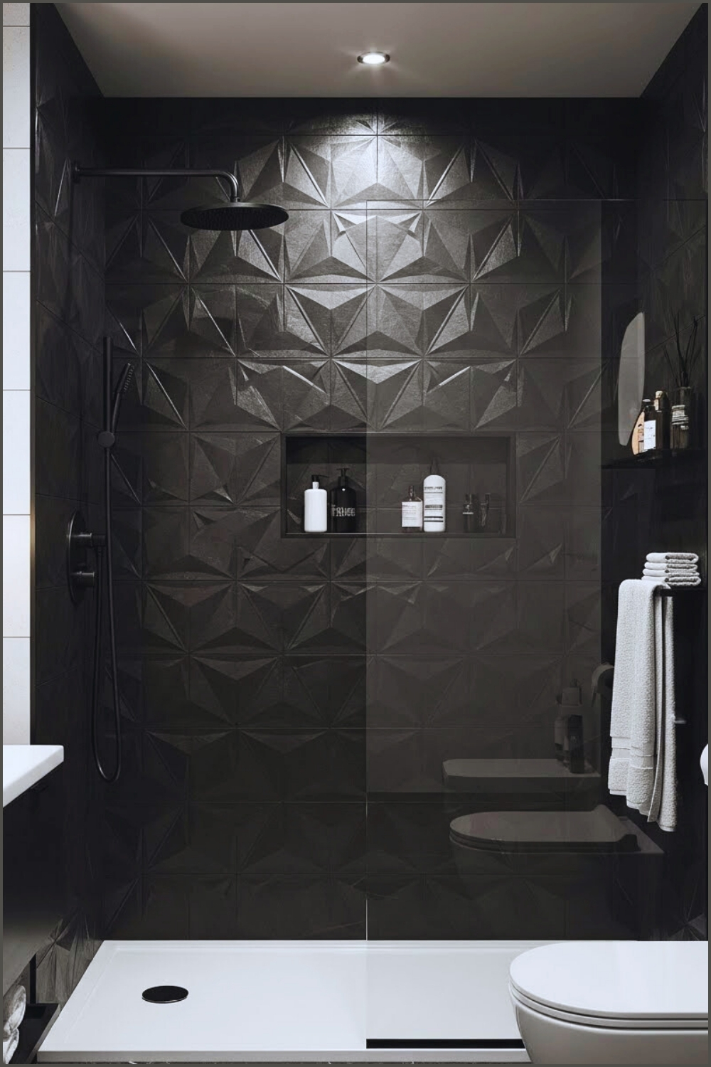 Dramatic Shower Design Showcases Textured Black Tiles