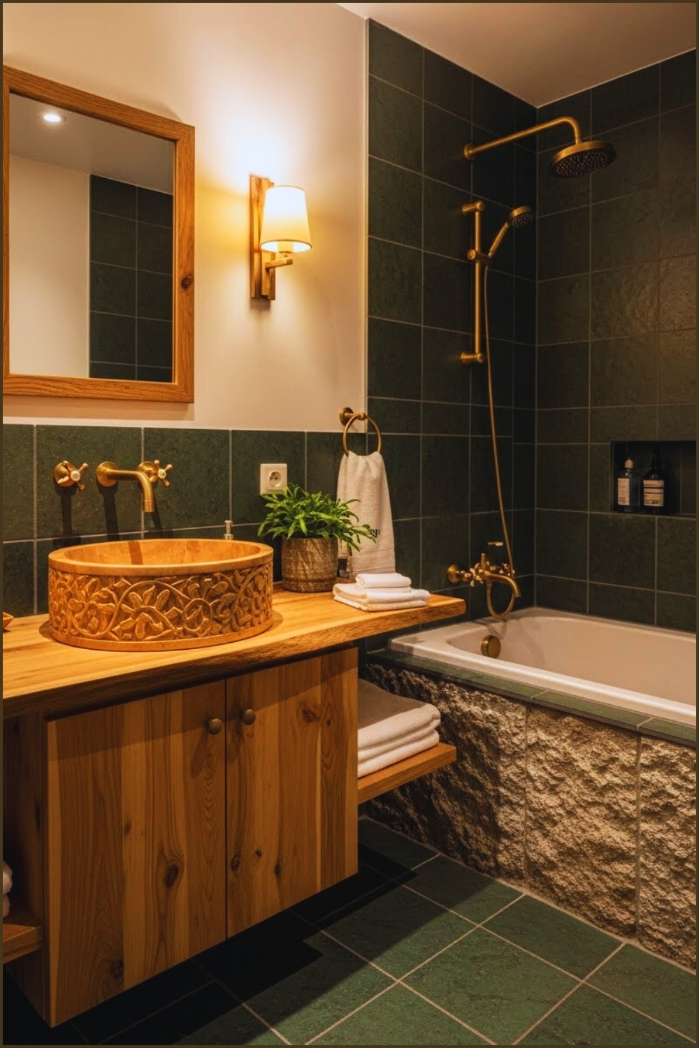 Earthy Rustic Bathroom With Forest Green Stone Tiles