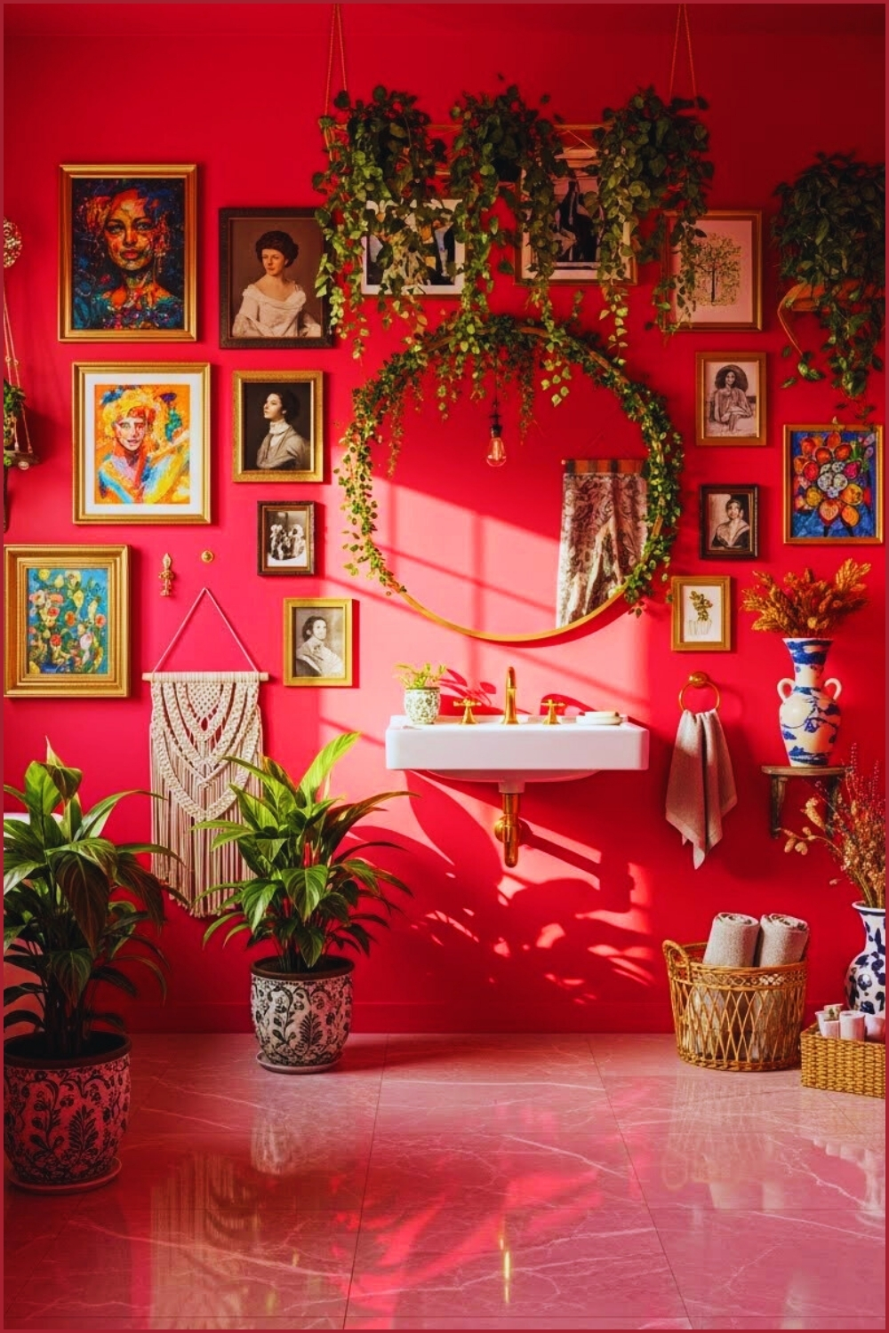 Eclectic Artistic Bathroom With Bold Pink Walls