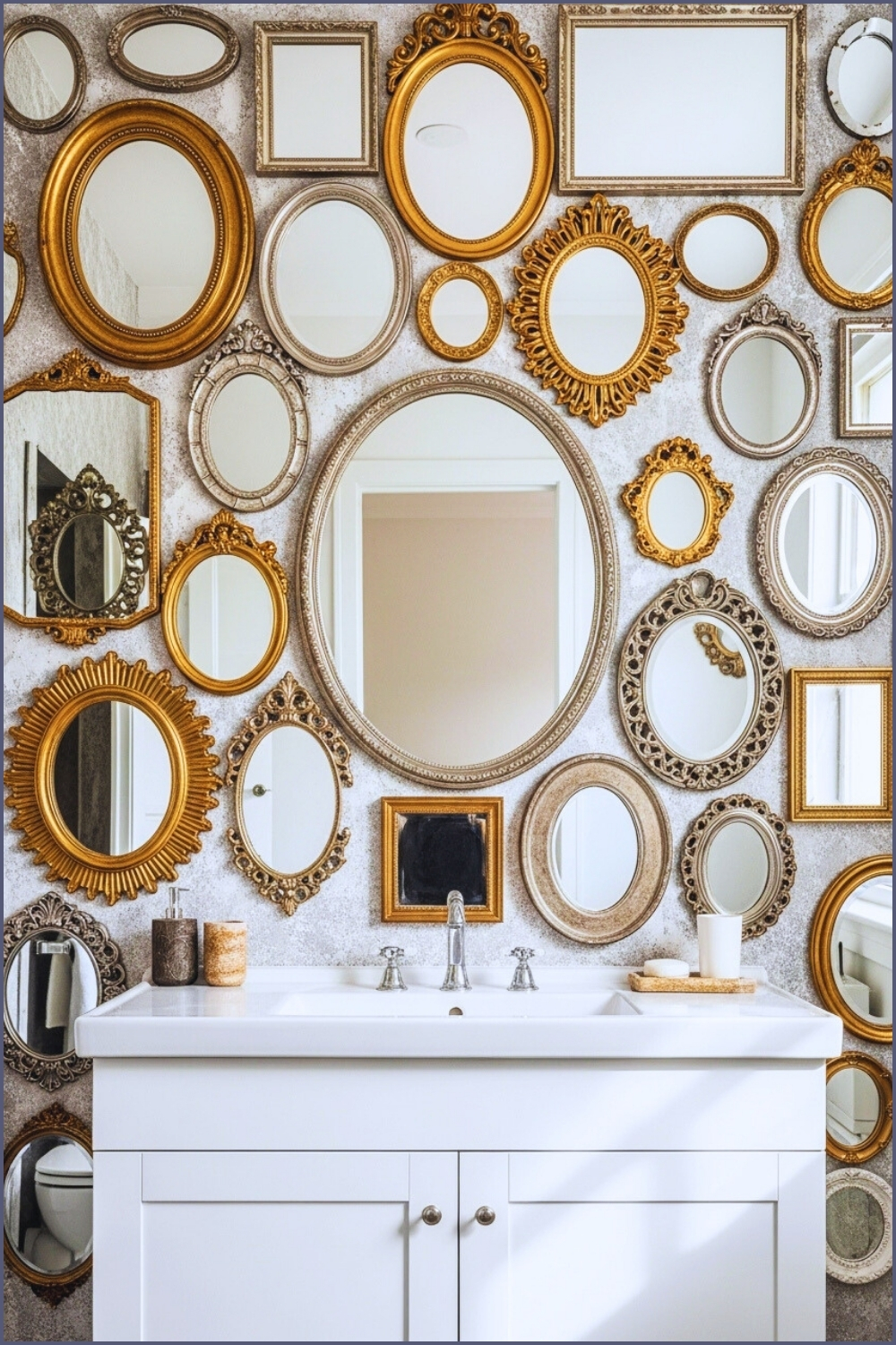 Eclectic Bathroom With Entire Wall Covered In Assorted Vintage Mirrors