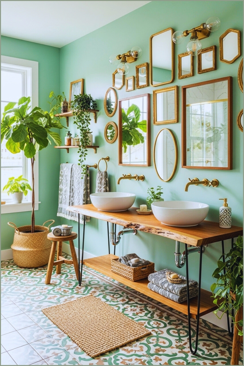 Eclectic Boho Bathroom, Mint Green Wall With Gallery Wall Of Mixed