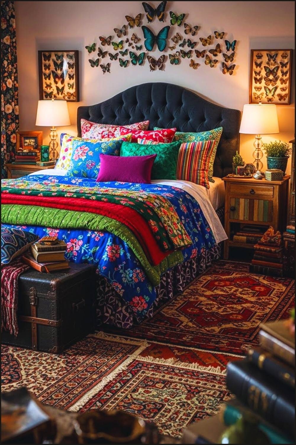 Eclectic Cozy Bedroom, Dark Tufted Headboard