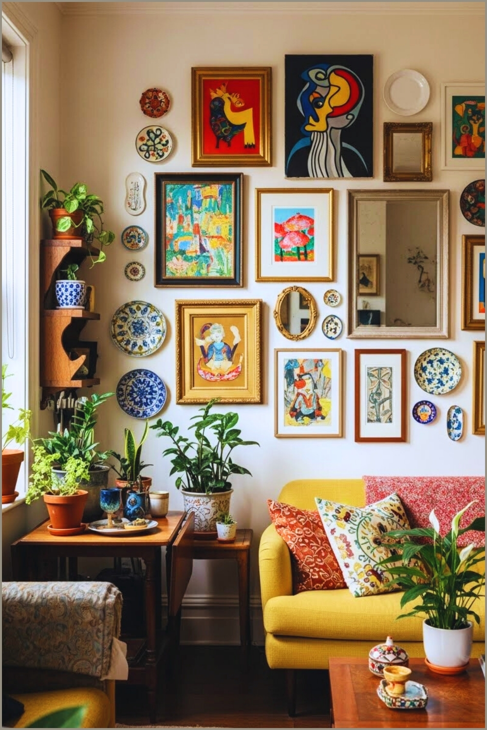 Eclectic Living Room Gallery Wall With Colorful Artwork