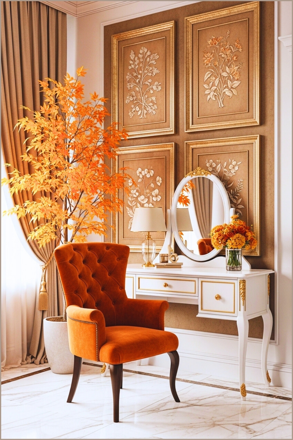 Elegant Autumn Inspired Interior With A Luxurious Tufted Burnt Orange