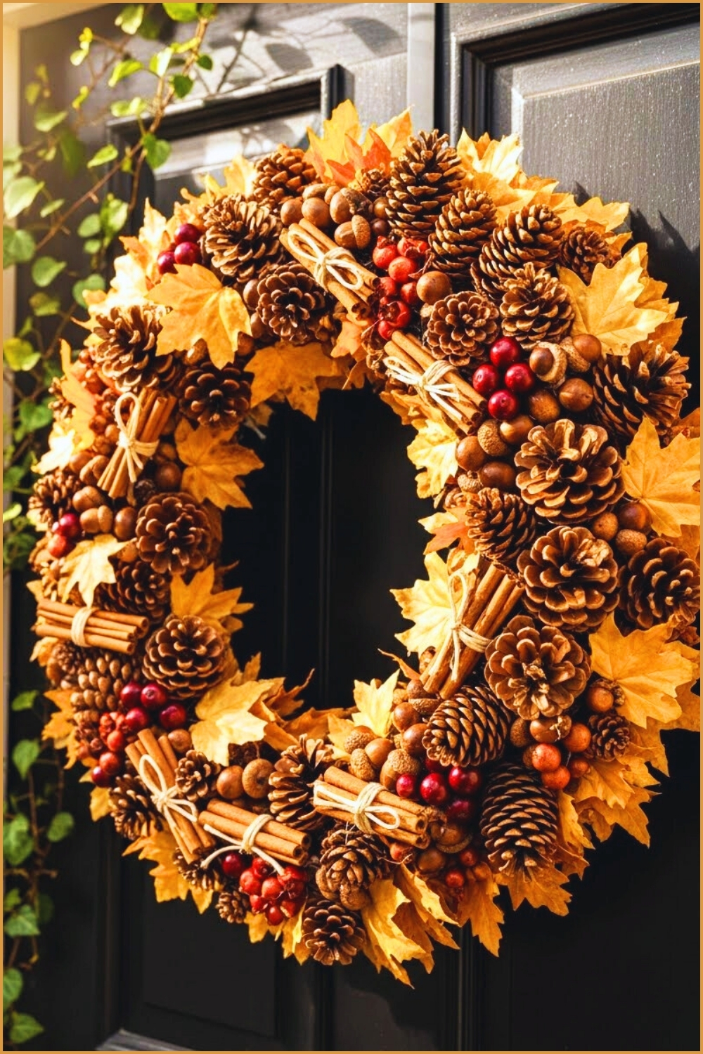 Elegant Autumn Wreath Hanging On A Front Door