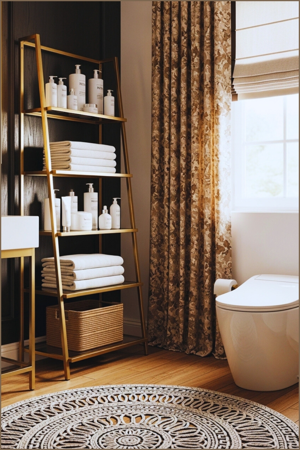 Elegant Bathroom Corner With A Gold Metal Ladder Style