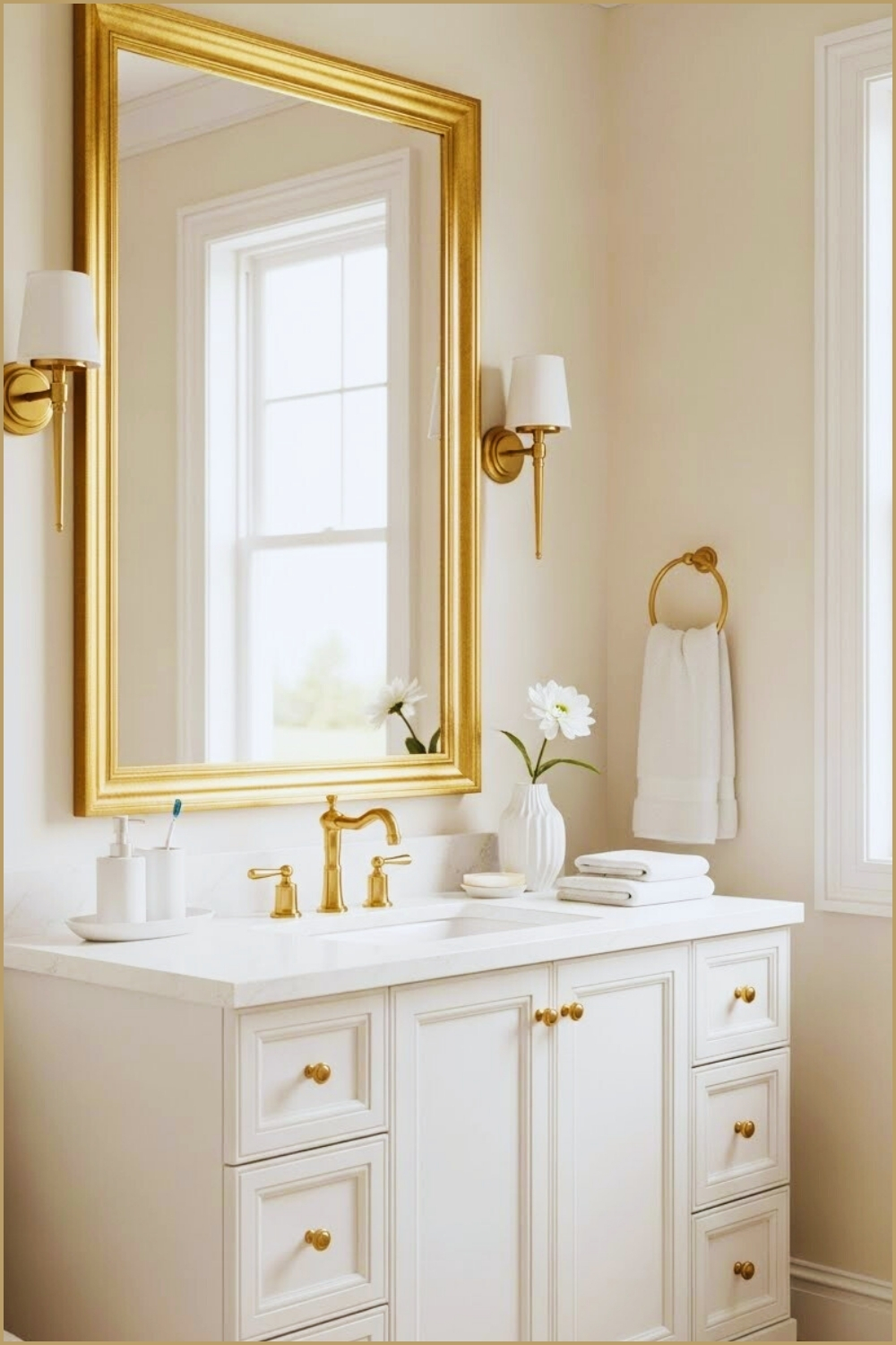 Elegant Bathroom In Soft Cream Tones, White Vanity