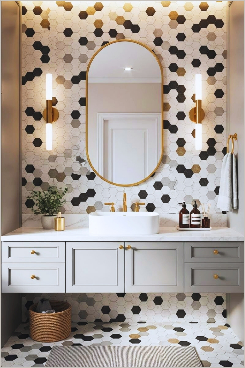 Elegant Bathroom Vanity With Multicolor Hexagon Mosaic
