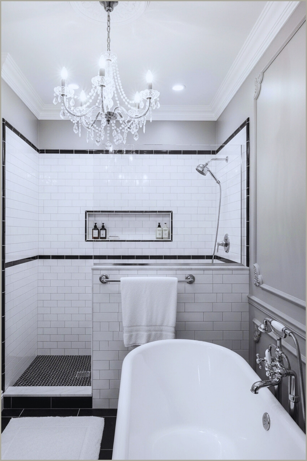 Elegant Bathroom With Half Wall Shower, White Subway Tiles
