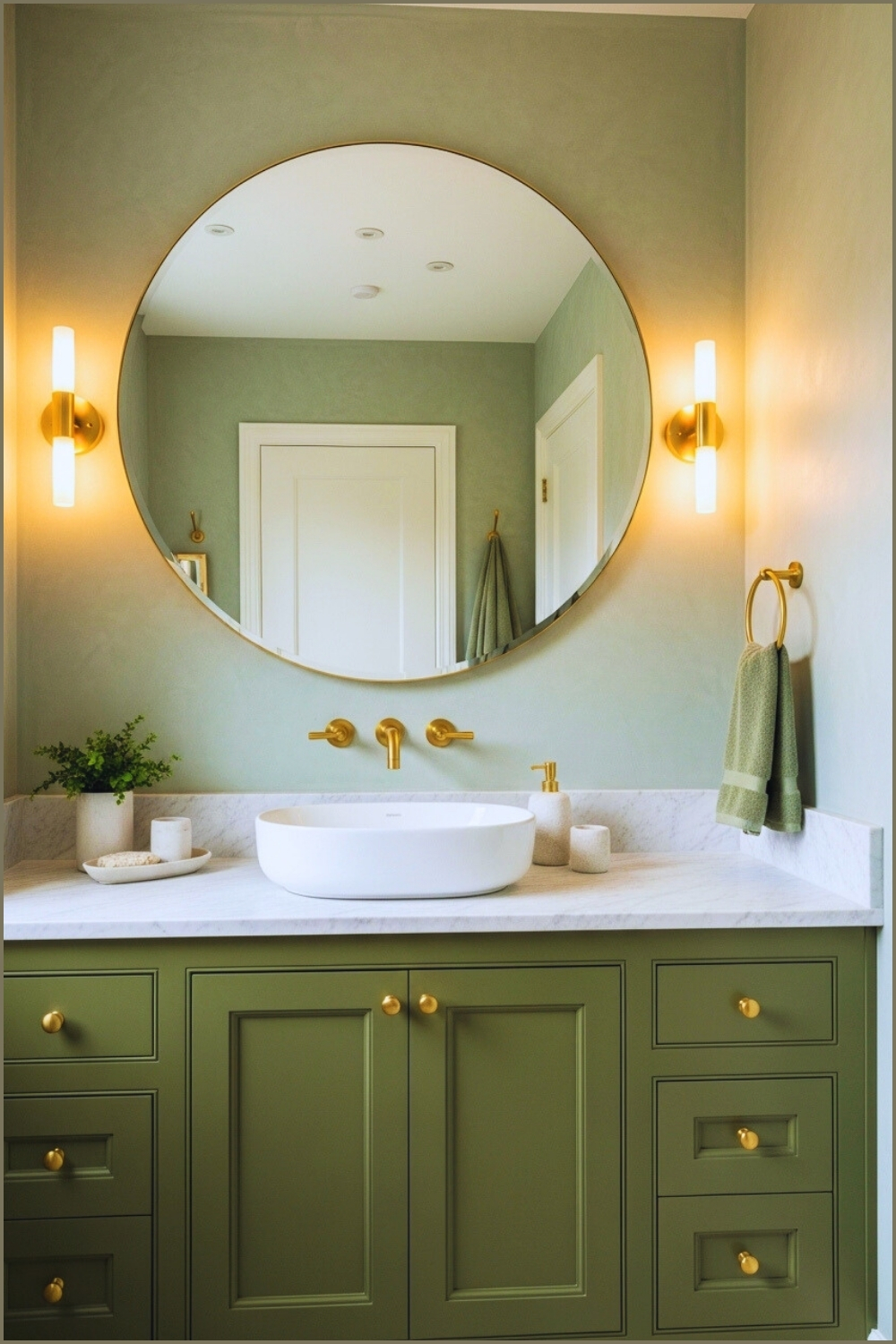 Elegant Bathroom With Olive Green Vanity Cabinet