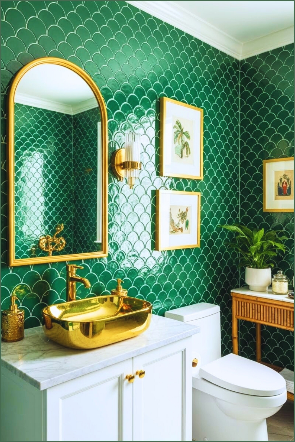 Elegant Bathroom With Rich Emerald Green Fishs Cale