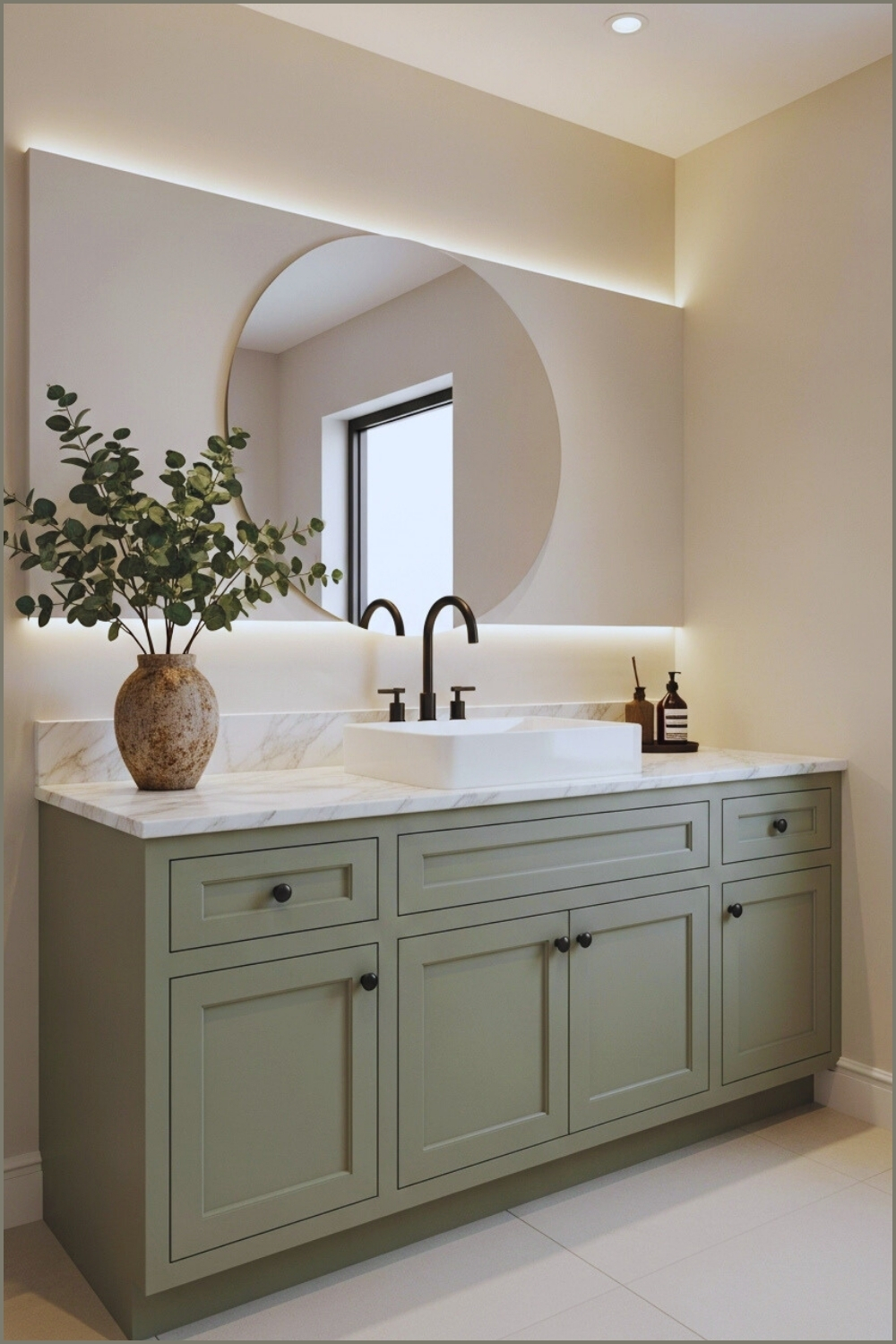 Elegant Bathroom With Sage Green Shaker-style Vanity, White Marble Countertop