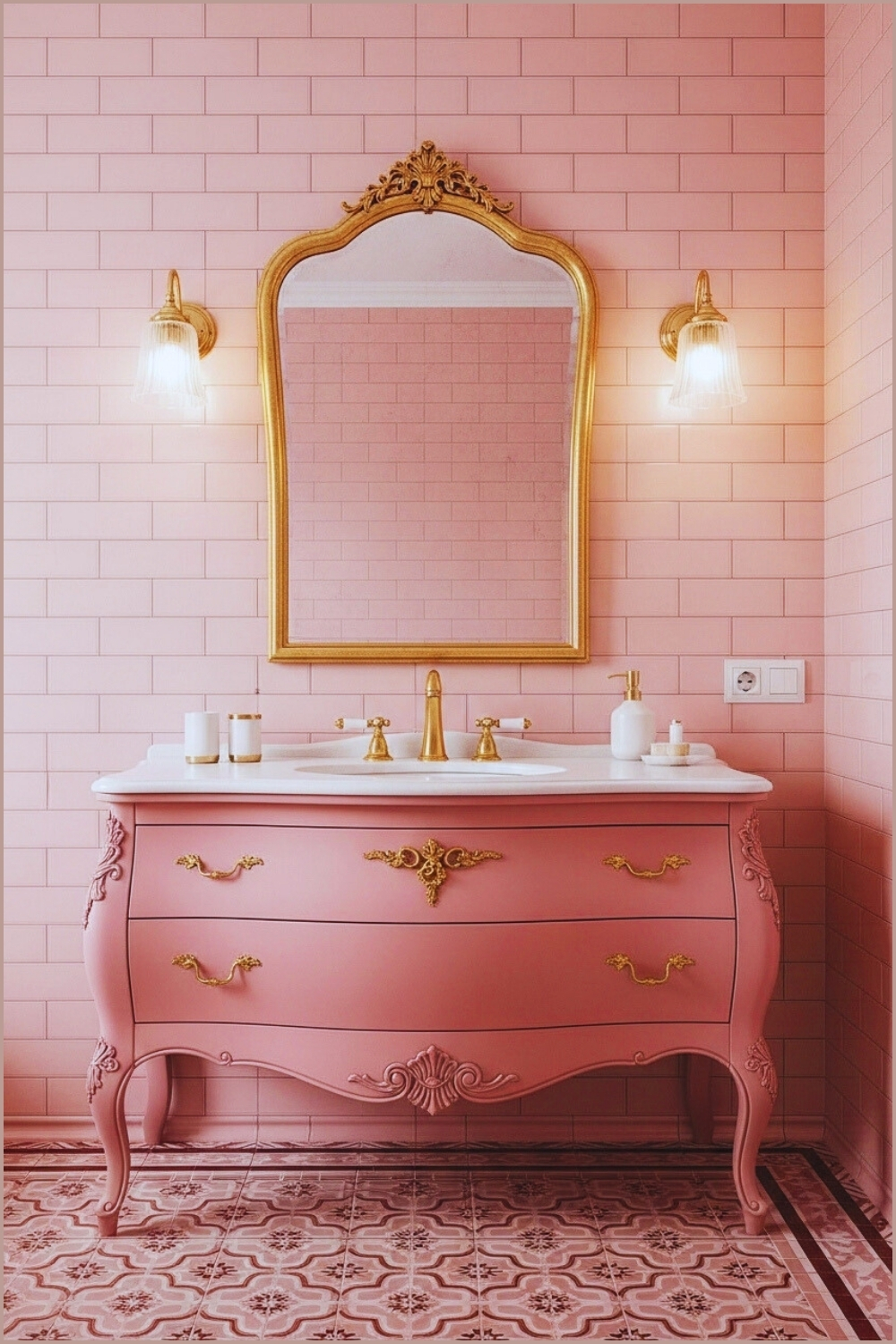 Elegant Bathroom With Soft Pink Subway Tile Walls, Ornate Pink Vintage