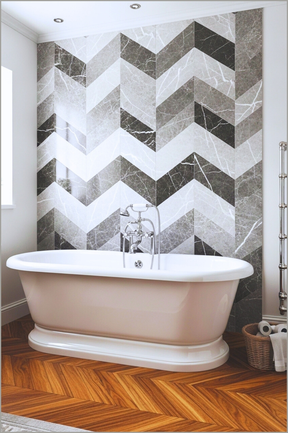 Elegant Bathroom With White Clawfoot Tub On Herringbone