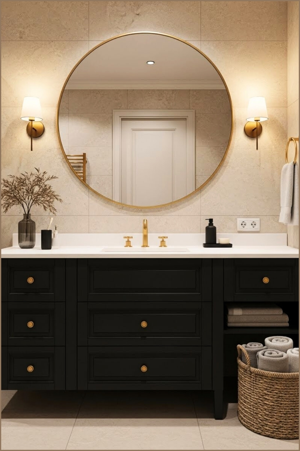 Elegant Beige Bathroom With Matte Black Vanity