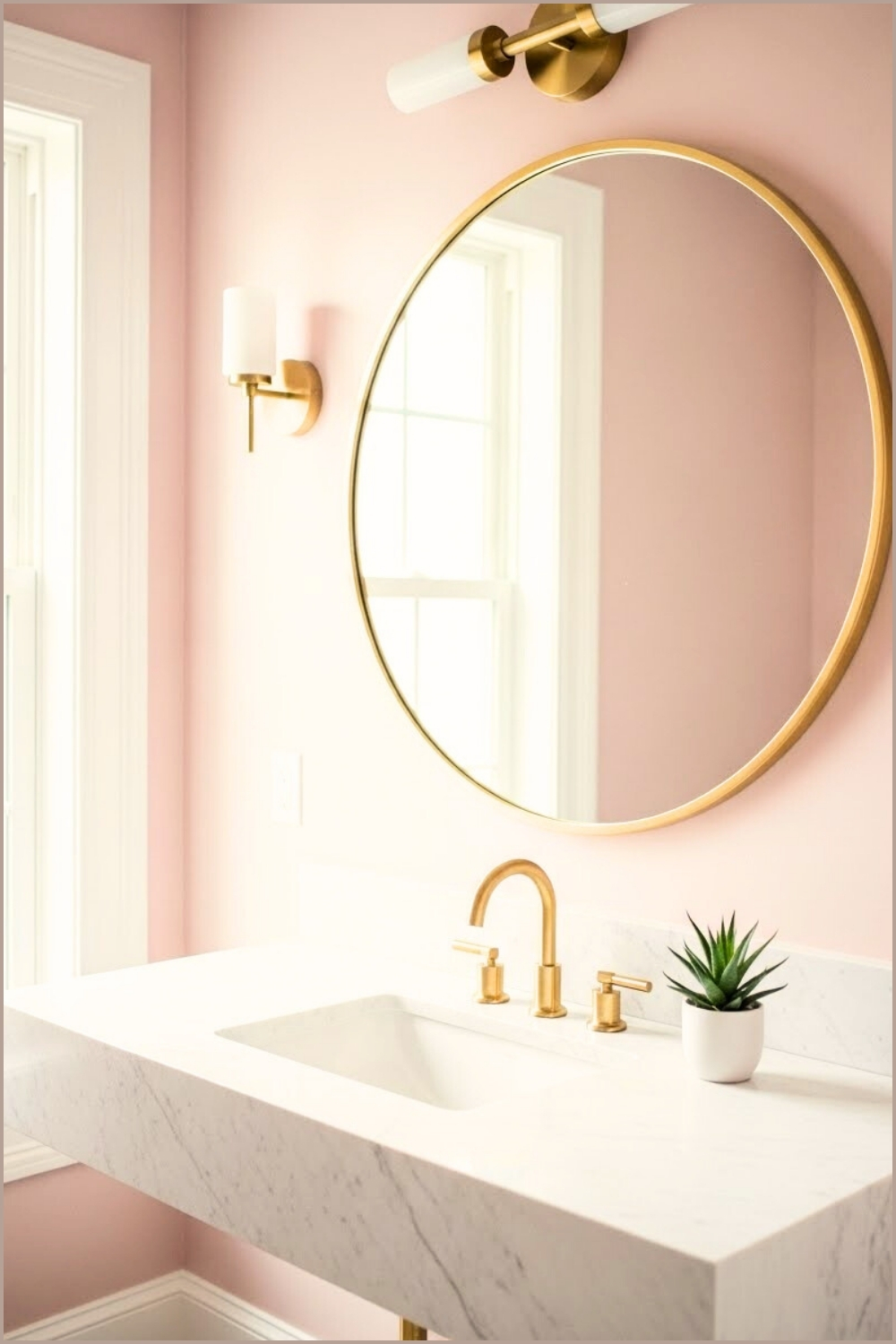Elegant Blush Pink Bathroom With Round Gold Mirror, Gold Faucet
