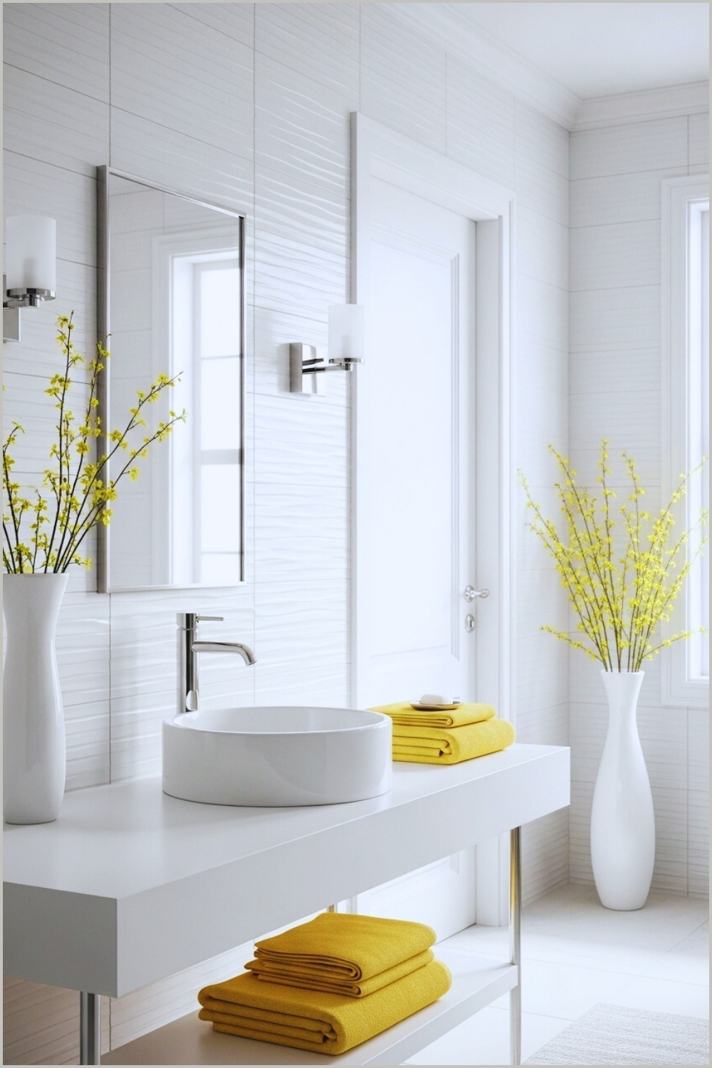 Elegant Bright Bathroom With White Textured 3d Tiles