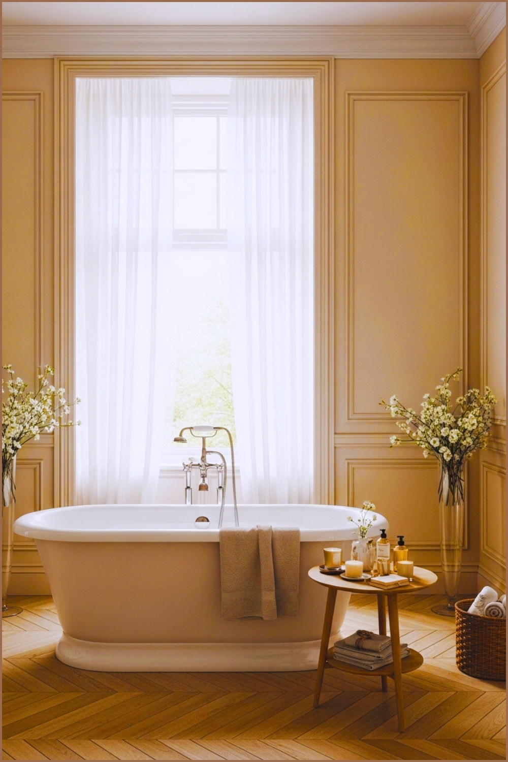 Elegant Classic Bathroom With A White Freestanding Bathtub