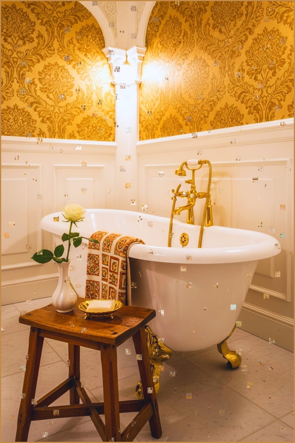 Elegant Classic Bathroom With Ornate Gold Damask Wallpaper