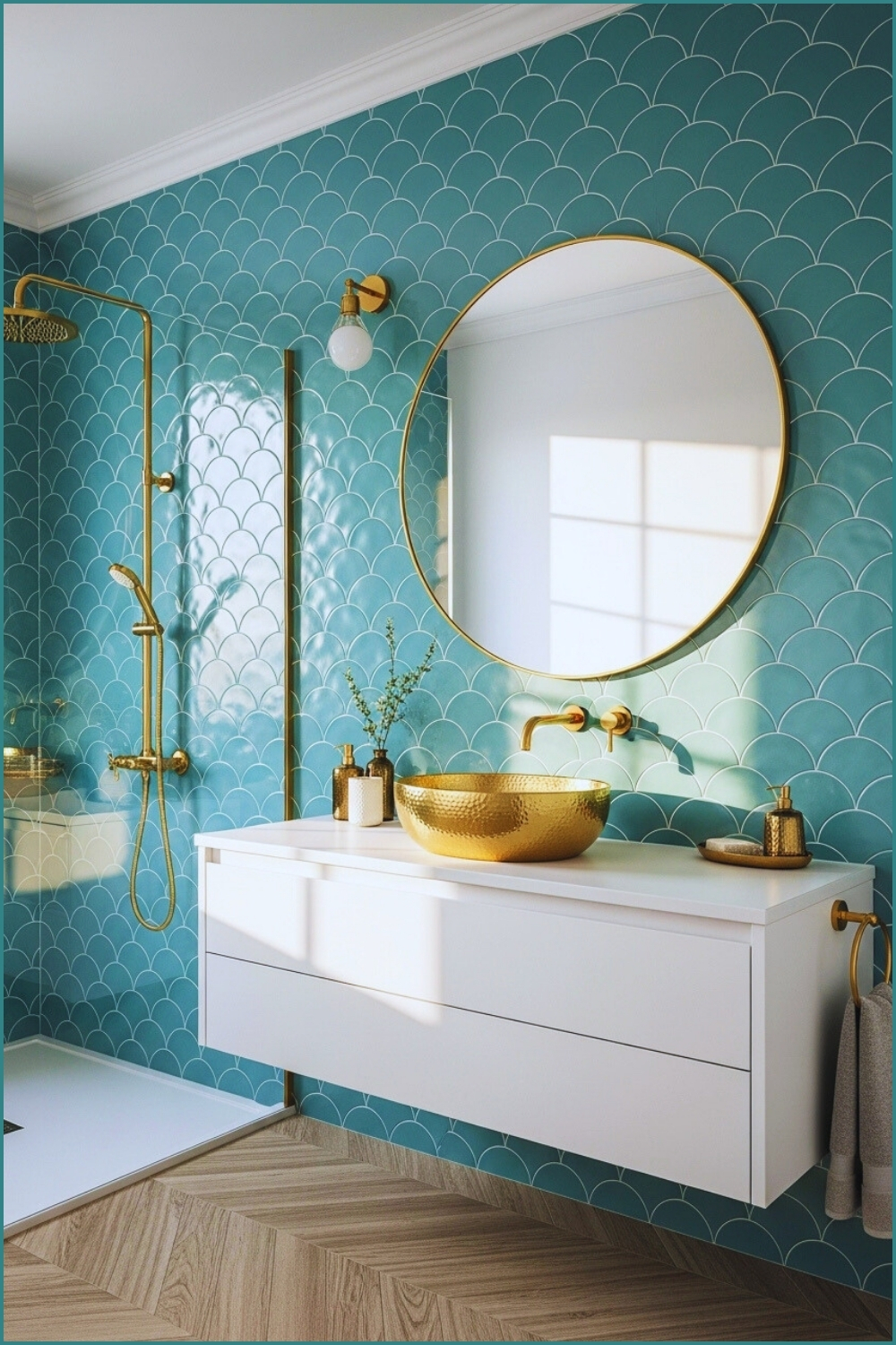 Elegant Coastal-inspired Bathroom With Aqua Scallop Tiles