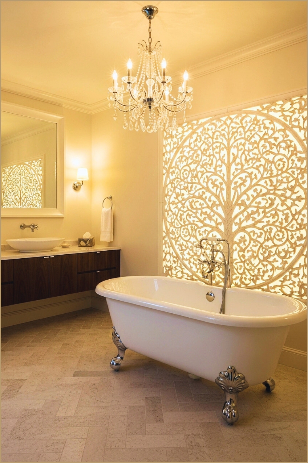 Elegant Cream Bathroom With Freestanding White Tub, Backlit Carved