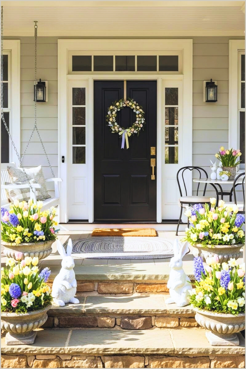 Elegant Easter Front Porch Decor, Two White Rabbit Statues