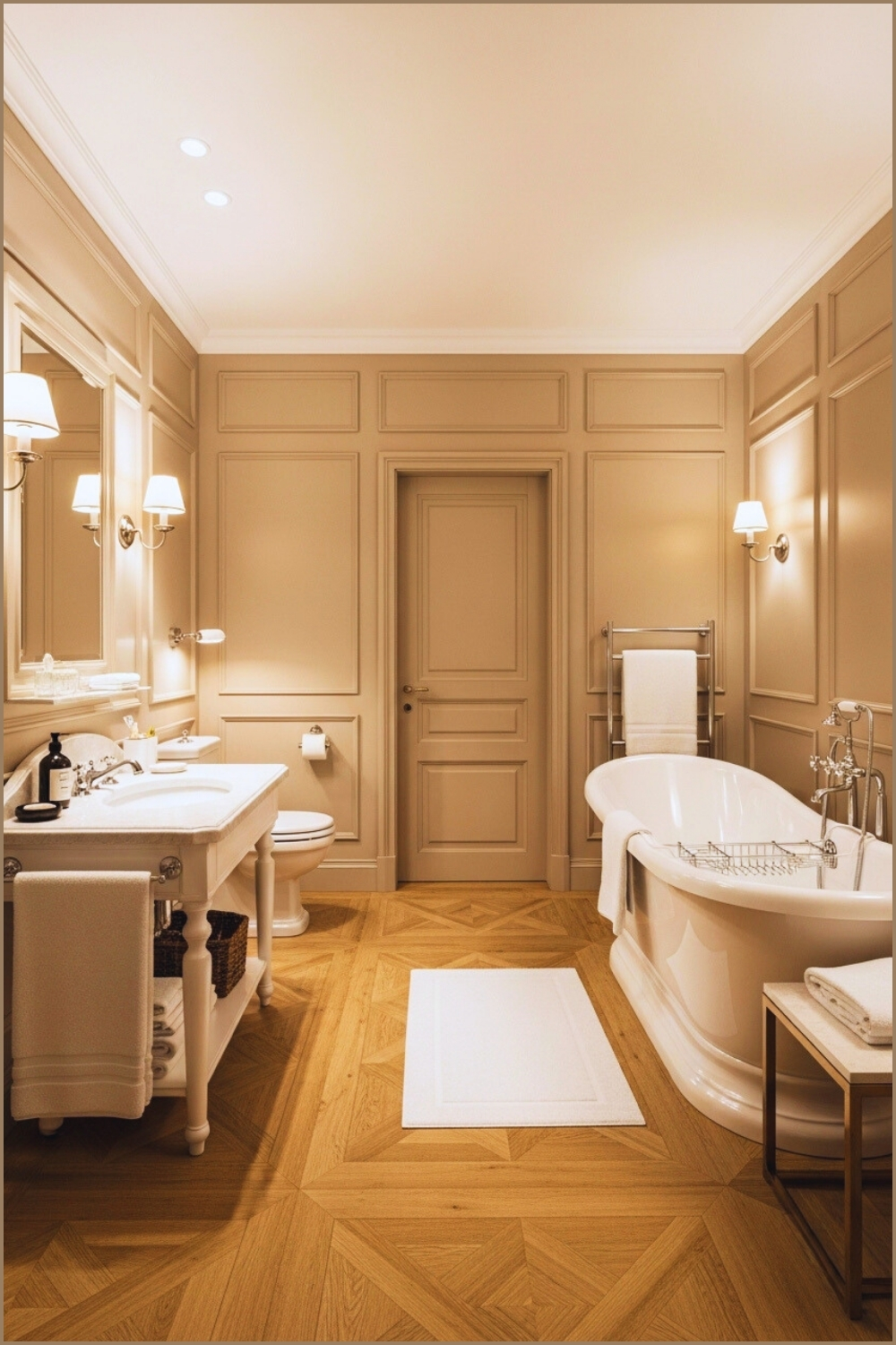 Elegant European Bathroom, Beige Wall Paneling, Soft Warm Lighting