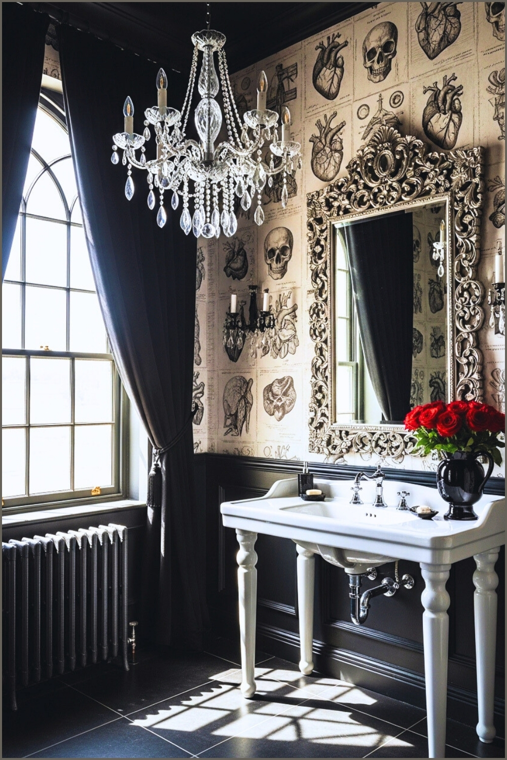 Elegant Gothic Bathroom, White Console Sink With Tall Legs