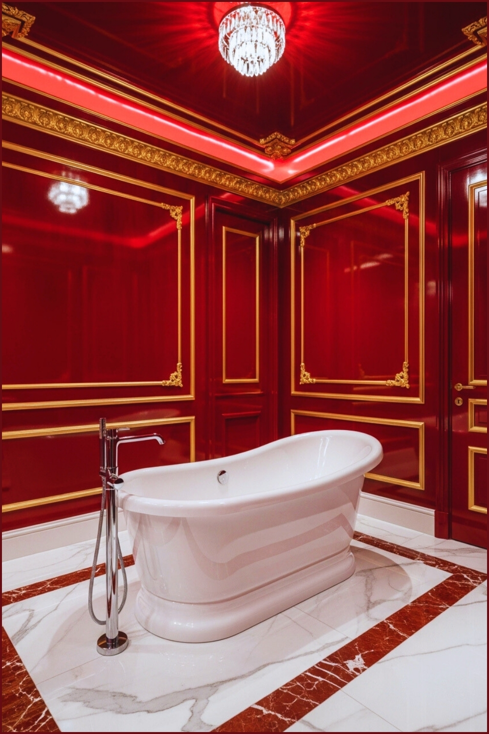Elegant Luxury Bathroom Interior With Deep Red Lacquered Walls