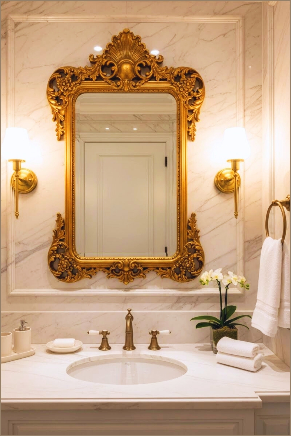Elegant Luxury Powder Room With Ornate Gold Baroque Mirror