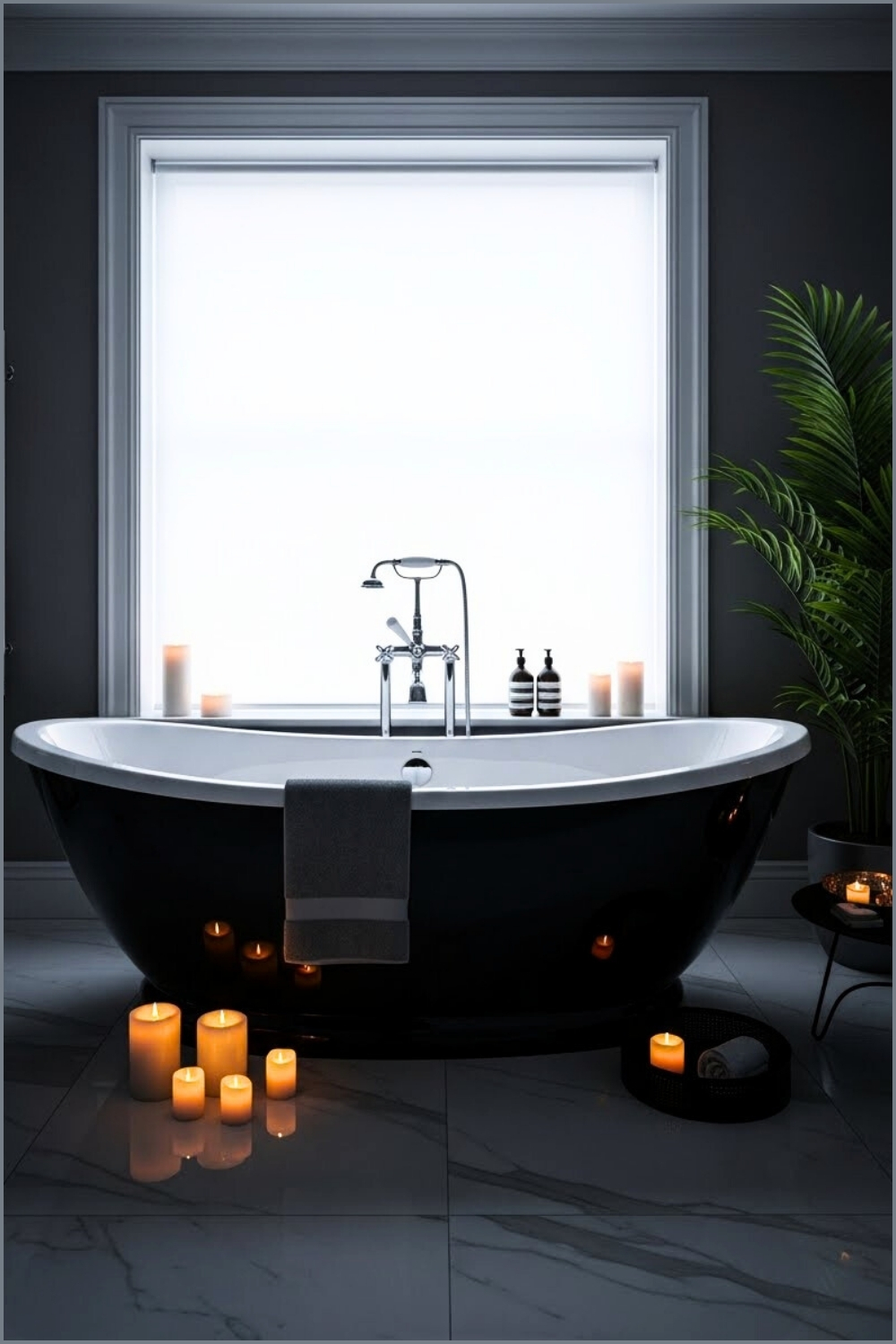 Elegant Modern Bathroom With A Black-and-white Oval Soaking Tub