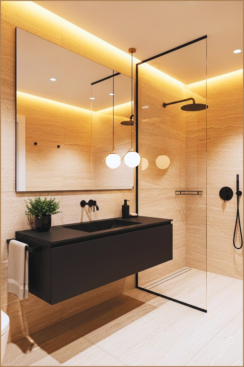 Elegant Modern Bathroom With Soft Beige Stone Walls